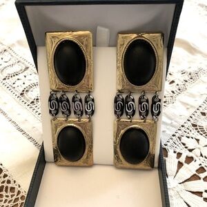 Art Deco Vintage Drop pierced Earrings. Square Gold & black lightweight